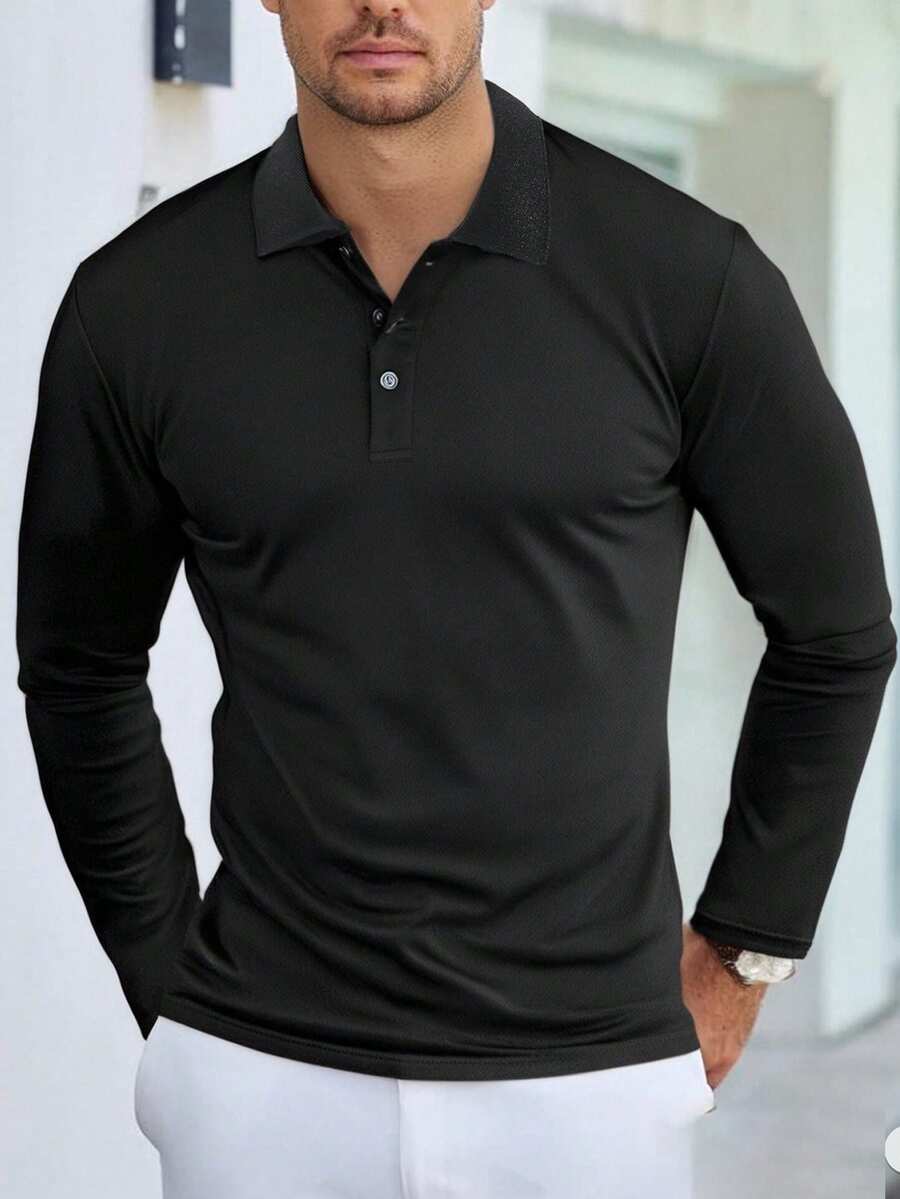 男士翻领长袖修身三扣设计常规休闲商务 Polo 衫，适合日常通勤，春秋季