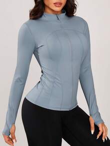 1件女士速干透气立领拉链运动上衣，运动服 - 藍色 - 查看 7