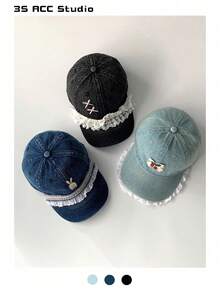 1顶蓝色软顶蕾丝边牛仔宽檐棒球帽，可爱女孩小脸型修饰脸型，超大帽檐百搭帽，新款可爱复古水洗户外加长帽檐帽，夏季沙滩 - 彩色 - 查看 2