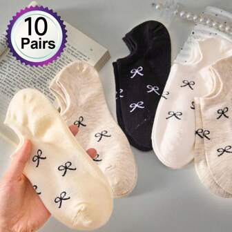 10 Pairs Women's Cute Bow Minimalist Boat Socks, Invisible Socks, Suitable For Spring/Summer