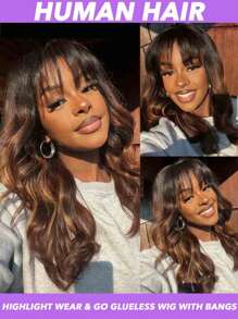 女士波浪无胶假发，150% 密度蜂蜜金色挑染真人发质，棕色刘海，雷米全机织玫瑰网帽，日常使用的基本款式，Wear Go 无胶假发 8-28 英寸