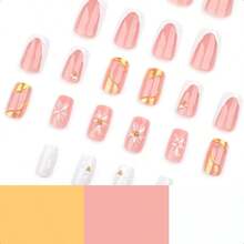 Spring French Press On Nails Medium Square White Fake Nails 3D Pink Flower Nail Press Ons With Gold Pearl Design Gold Nail Tip False Nails Summer Stick On Nails Full Cover Ue On Nails For Women-0345 - Vàng-2 - Xem 2