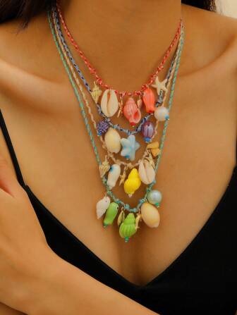 1 pièce Collier de style bohème avec chaîne en corde et pendentifs de coquillage, étoile de mer, coquille et poisson en céramique. Convient pour les femmes à porter en vacances