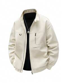 Men Minimalist High-End Beige Utility Jacket, Metal Buttons And Zipper Pockets, Very Stylish, Fall - White - View 2