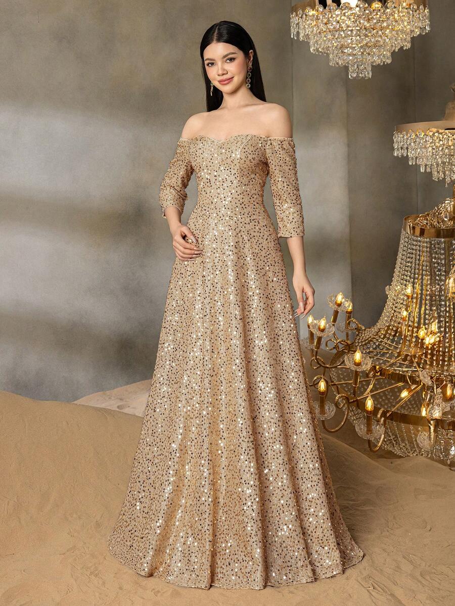 Alisa&Leo Teen Off-Shoulder Sequin Evening Gown With Three-Quarter Sleeves & Flowy A-Line Silhouette | Sparkling Formal Dress For Gala Dinners, Red Carpet Events, Graduation Balls, Black-Tie Weddings, And Award Ceremonies - 香檳色 - 查看 1