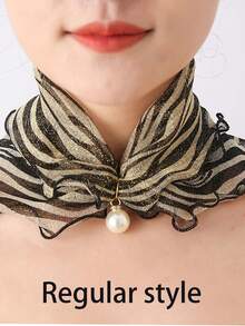 1件仿珍珠吊坠围巾项链印花蕾丝领口雪纺假领连衣裙 - 黑與白 - 查看 4