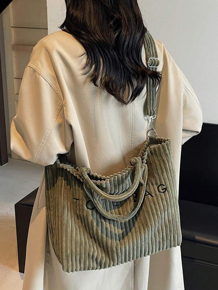 Bolso de hombro elegante de mujer con estampado de letras, de material de pana, de estilo retro europeo - Verde - Añade 10