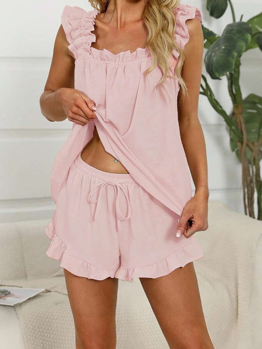 Women's Summer Lounge Set Ruffle Shoulder Strap Tank Tops Drawstring Shorts Sleepwear Sets Bridal Pajama Set For Women - Hồng - Xem 1