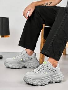 Men's Personalized Grey Patchwork Fashion Versatile Double Shoelace Niche Casual Sports Shoes, Street Style Comfortable Front Lace-Up Couple Running Shoes With Octopus Foot Design - Grey - View 9