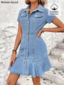 Mobula Sound#时尚休闲度假性感音乐节旅游度假鱼尾纽扣袖口优雅女士连衣裙，蓝色牛仔，春夏 - 藍色 - 查看 5