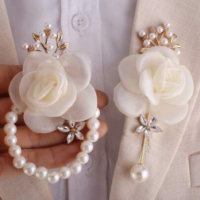 1pc Corsage + 1pc Wrist Flower, Ivory Pearl Wrist Chain, Tulle Rose Bride Bridesmaid Corsage, Groom Groomsman Boutonniere, Wedding Party Daily Accessory