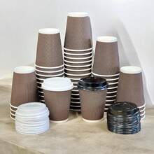 HOT BARGAINS 100 X 8oz / 230ml Disposable Coffee Cups With Lids Leak Proof Triple Layered Ripple Paper Cups Takeaway Cups For Hot And Cold Drinks - Coklat - View 1