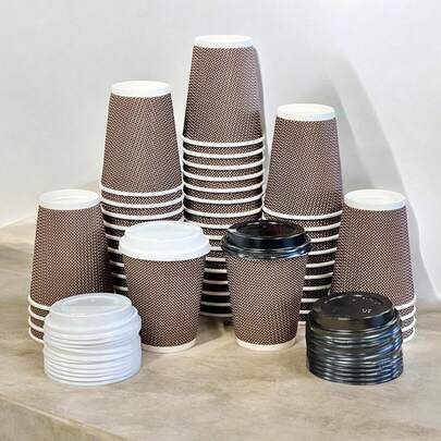 HOT BARGAINS 100 X 8oz / 230ml Disposable Coffee Cups With Lids Leak Proof Triple Layered Ripple Paper Cups Takeaway Cups For Hot And Cold Drinks