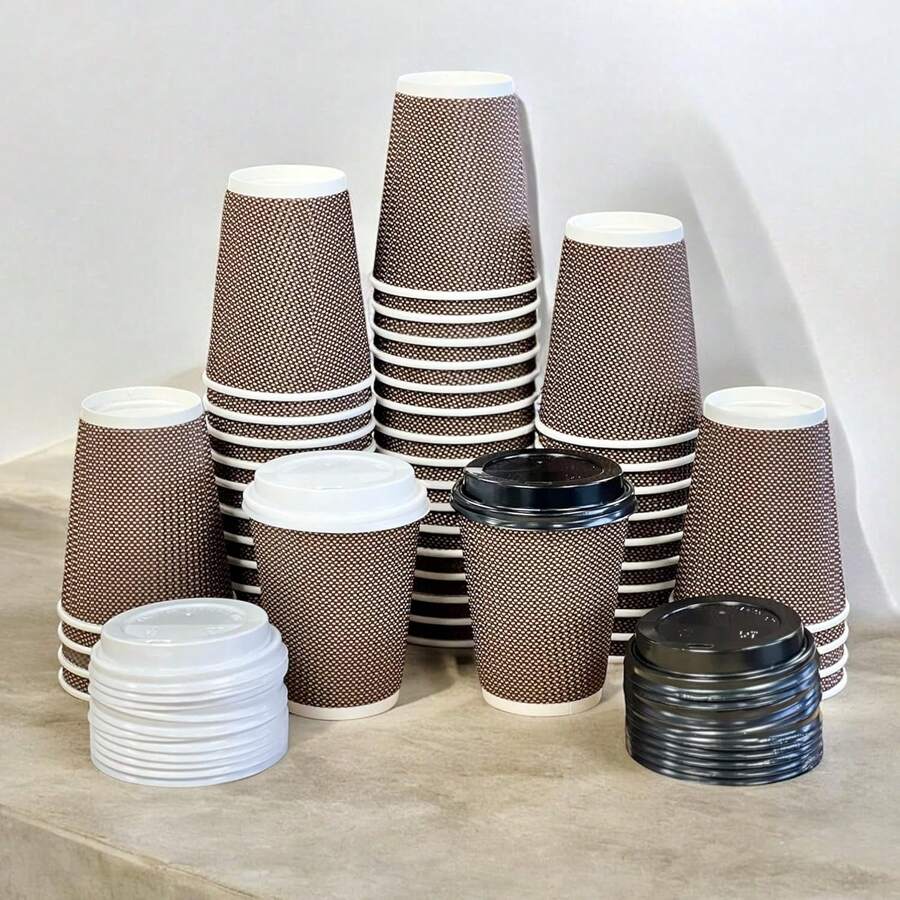HOT BARGAINS 100 X 8oz / 230ml Disposable Coffee Cups With Lids Leak Proof Triple Layered Ripple Paper Cups Takeaway Cups For Hot And Cold Drinks - Coklat - View 1