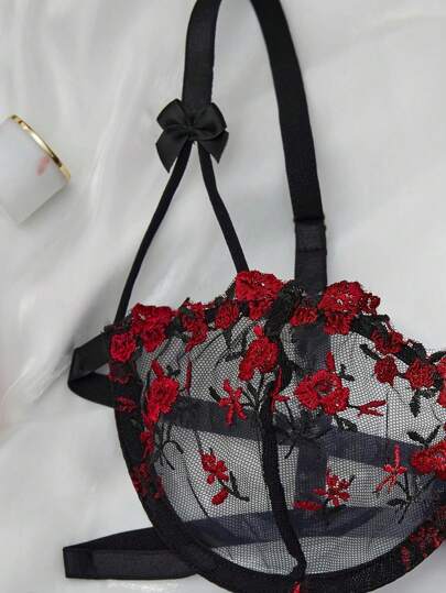 Verleidelijke Geborduurde Bloemen See Through BH Side Tied String Lingerie Set, Rave view 6