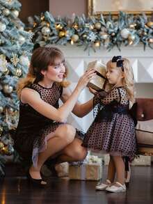 Young Girl Black Bow Polka Dot Mesh Elegant Party Dress, Princess Dress Suitable For Girls' Birthday Party, Banquet, Prom, Wedding Flower Girl, Holiday Celebration - Black - View 7