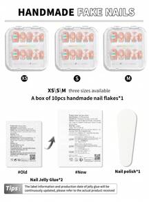 10 件/套手工短款按压指甲，夏季假指甲美甲用品，适合海滩、女孩、青少年、时尚、方形、圆形、椭圆形、猫眼、法式尖头的短指甲，可重复使用，适合教师、学生、办公室、旅行、优雅商务休闲