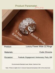 1枚梦幻花朵锆石订婚戒指，镀银宽戒圈，适合女性日常佩戴，可打开，珠宝礼品 - 銀色 - 查看 4