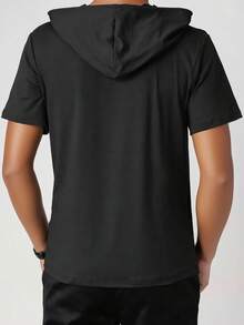 Men's Letter Print Drawstring Casual Hooded Short Sleeve T-Shirt - Black - View 2