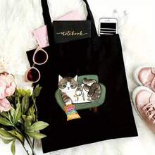 Cute Kitten Snack Tote Bag - Fashionable Durable Foldable Lightweight Shoulder Bag With Fixed Shoulder Strap, Black Cat Pattern Suitable For Daily Commuting, Shopping, Travel - Perfect Gift For Women, Cat Bag, Fun Illustration, Sturdy Shoulder Strap, Fashionable Accessory - Style 1 - View 12