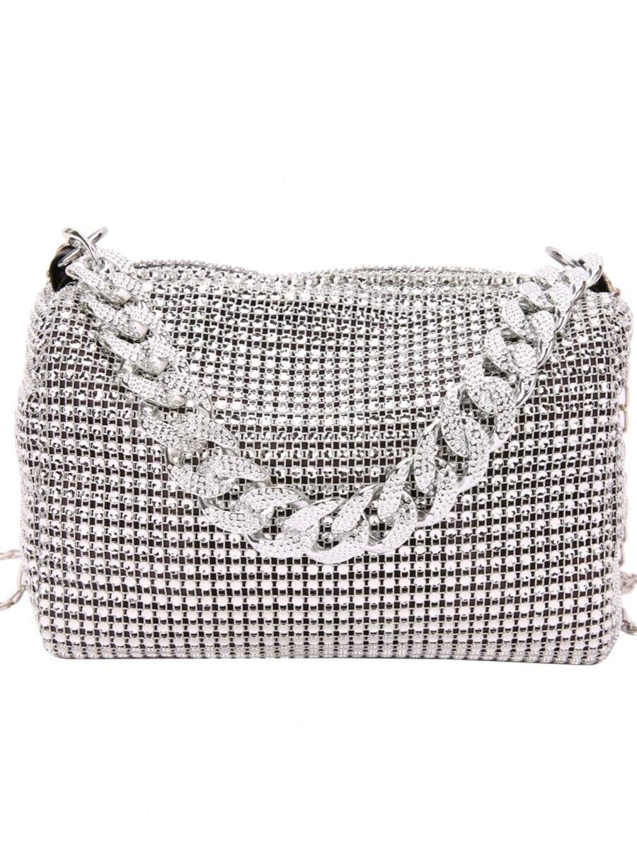 Shiny Rhinestone Hollow Metal Chain Decor Zipper Closure Women's Shoulder Bag