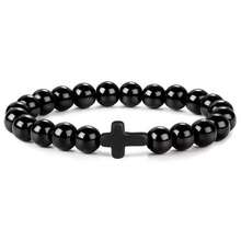 1pc Stone Beaded Cross Elastic Bracelet - Black - View 2