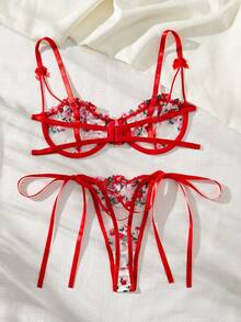 Floral Embroidery Mesh Sexy Lingerie Set, Rave - Red - View 2