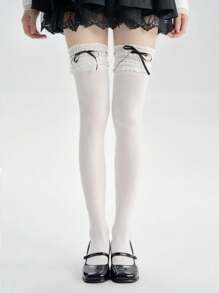 1 Pair Bow Lace Trim Over-The-Knee Socks, Suitable For Pairing With Skirts, Y2K