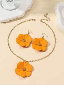 1 Set Metal Asymmetrical Colorful Multi-Layer Flower Pendant Necklace & Earrings For Women - Orange - View 3
