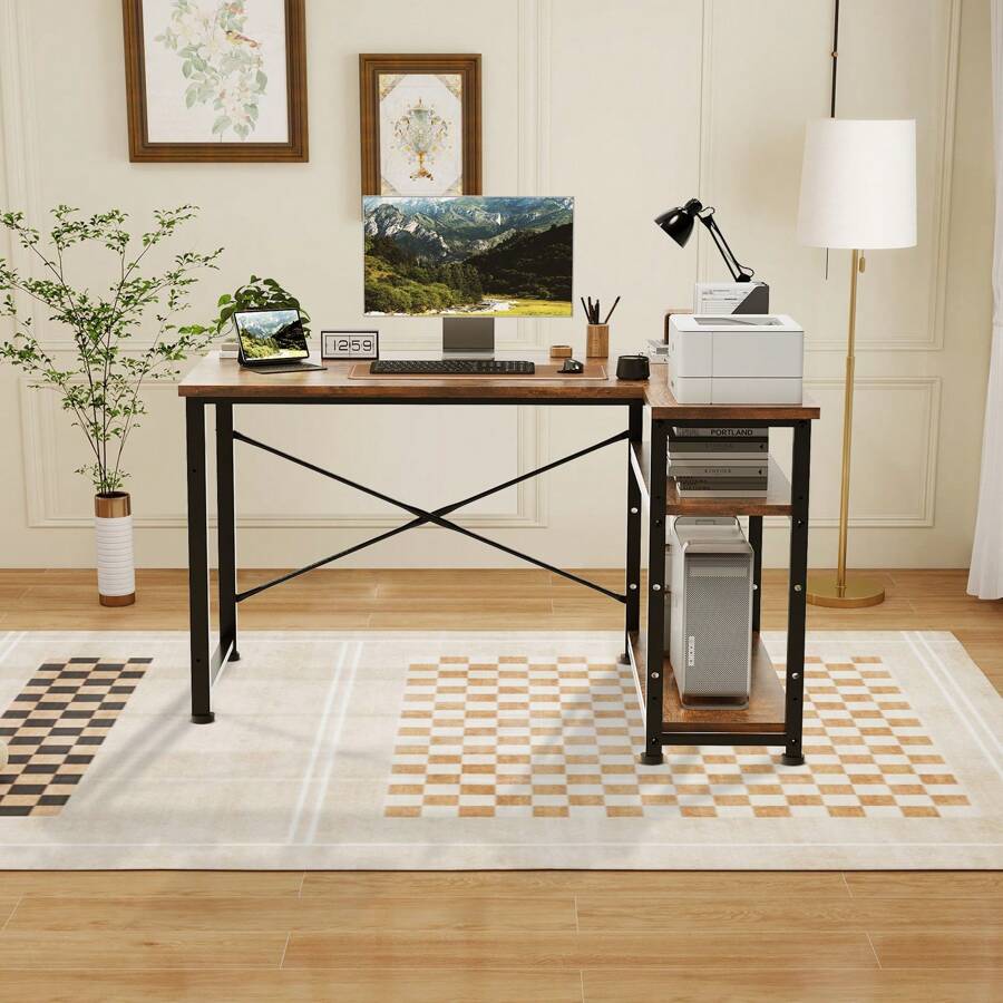 GUNJI 110cm Gaming Table With Storage Compartments, Reversible PC Corner Table, Computer Table, Corner Gaming Table For Study - 鏽棕色 - 查看 1