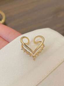 皇冠形奢华方晶锆石金戒指，可调节开口设计，适合女性婚礼派对佩戴和节日礼物 - 金色 - 查看 3