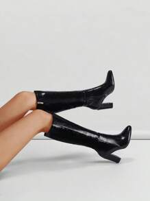 Women's Fashionable Retro Black Knee-High Boots With Chunky Heels, Leather Material With High Reflectivity For Stylish & Comfortable Wear, Suitable To Pair With Leather Jackets, Coats, Knit Dresses, Shorts For Commuting, Dating, Outings, Holiday Gatherings