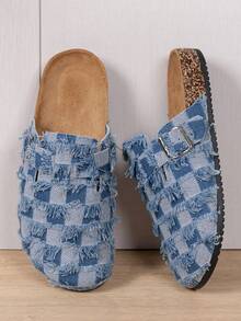 Herren & Teenager Unisex Lässig einfarbige bequeme Denim Slip-On Pantoffeln, Patchwork Farbblock Karomuster, geeignet für alle Jahreszeiten, Innen- & Außenbereich, Große Größen