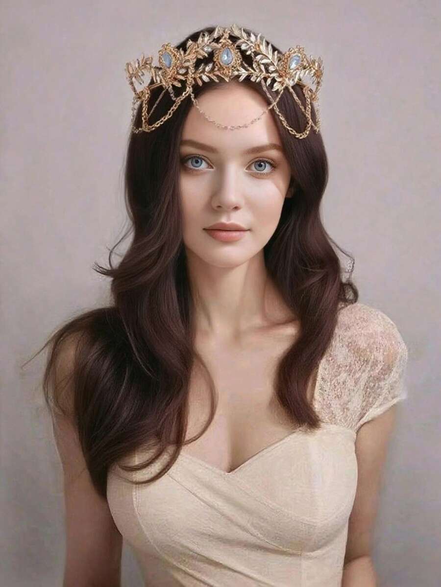 希腊古典金叶头饰，复古森林新娘流苏皇冠发箍，生日派对，婚礼礼服配饰，情人节配饰 - 彩色 - 查看 1