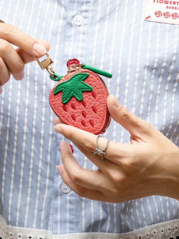 [Formato de Morango] Porta-moedas pequeno e requintado com estampa de frutas 3D - Artesanato bordado, para moedas, chaves de carro, AirTag, joias e itens pequenos, acessório para pendurar | Presente perfeito para festas, presente de Natal, presente para amigos