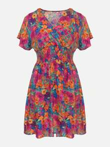 Minivestido con cintura elástica ancha y cuello cruzado - Azul Marino - Ver 6