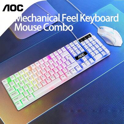 AOC Gaming Keyboard And Mouse Set KM100 Mechanical Feel Keyboard + Gaming Mouse With Precise Tracking Colorful Backlight System For Immersive Gaming Splash-Proof And Durable Design White