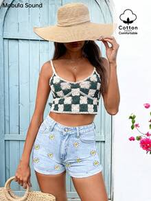 Fashion Casual Rolled Hem Denim Shorts For Women, Embroidered Daisy Elastic Waist, Suitable For Spring/Summer Vacation