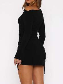 女士纯色斜肩长袖侧抽绳蝴蝶结系带喇叭长袖时尚迷你连衣裙，适合秋季穿着，可作派对礼服、婚礼宾客礼服、外出服、优雅连衣裙、秋季女装、休闲连衣裙，黑色连衣裙，春季百搭 - 黑色 - 查看 3