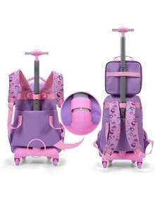 BLING BABIES 3 件套女童滚轮背包，可爱卡通猫咪亮片设计滚轮包，带午餐盒和笔袋，夜光功能，粉色 - 紅花粉貓 - 查看 8