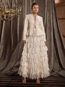 A&A 精致串珠蕾丝拼布提花收腰 V 领开衩下摆西装外套、舞会套装、优雅日常穿着和商务休闲夹克、婚礼宾客礼服、复古风格、端庄、婚礼季、情人节装扮、秋冬、白色派对活动、老派风格、宫廷风格 - 杏色 - 查看 4