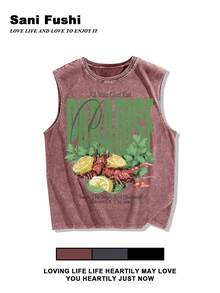 Coffee Brown Summer Street Loose Bottoming Vest Men's Pure Cotton Washed Cotton Distressed Sleeveless Vest Pattern Print Details Outdoor Wear Men's Fashion Vest Pure Cotton Washed Cotton Batik Distressed Sleeveless Vest - 咖啡棕 - 查看 1