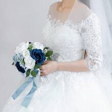 Dusty Blue Wedding Bouquets For Bride Bridesmaid, White Wedding Artificial Roses Flowers For Wedding Bouquets Ceremony, Anniversary - Dusty Blue - View 7