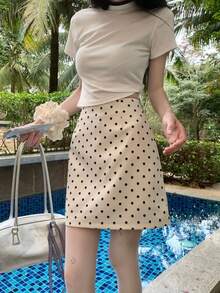 Falda medio cuerpo lunares vestidos cortos Moda verano casual versátil paquete cadera A-line falda corta - Albaricoque - Ver 6