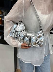 1 件女式复古机车朋克风格铆钉装饰可调节肩带大容量柔软仿油皮革渐变色单肩腋下包，适合工作、通勤、约会、派对