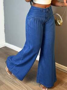 Women's Loose Front Button Wide Leg Washed Lightweight Denim Pants Suitable For Daily Versatile Outings - Rửa tối - Xem 5