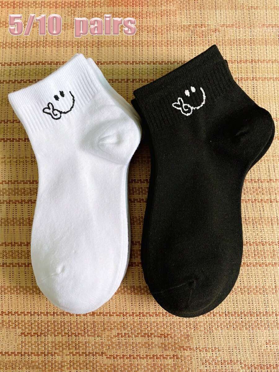 1/5/10双装 女士/情侣可爱表情个性化多功能短袜，隐形袜，适合日常、节日、户外活动穿着，圣诞礼物 - 黑與白 - 查看 1
