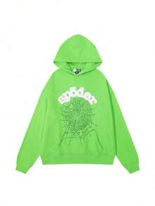 Spider Web Foam Print Hip-Hop Loose Terry Hooded Sweatshirt - 綠色 - 查看 1