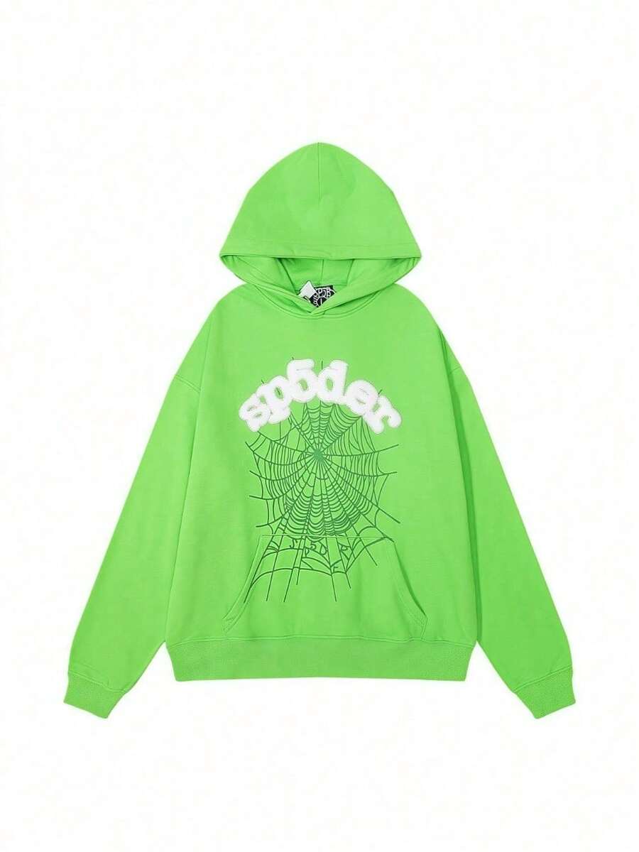 Spider Web Foam Print Hip-Hop Loose Terry Hooded Sweatshirt - 綠色 - 查看 1
