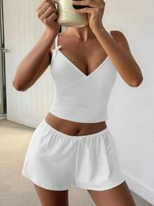 GAOVOT Women's Two Pieces Butter YellowY2K Sexy Pure Casual Solid Color V-Neck Strap Slim Shorts Suit